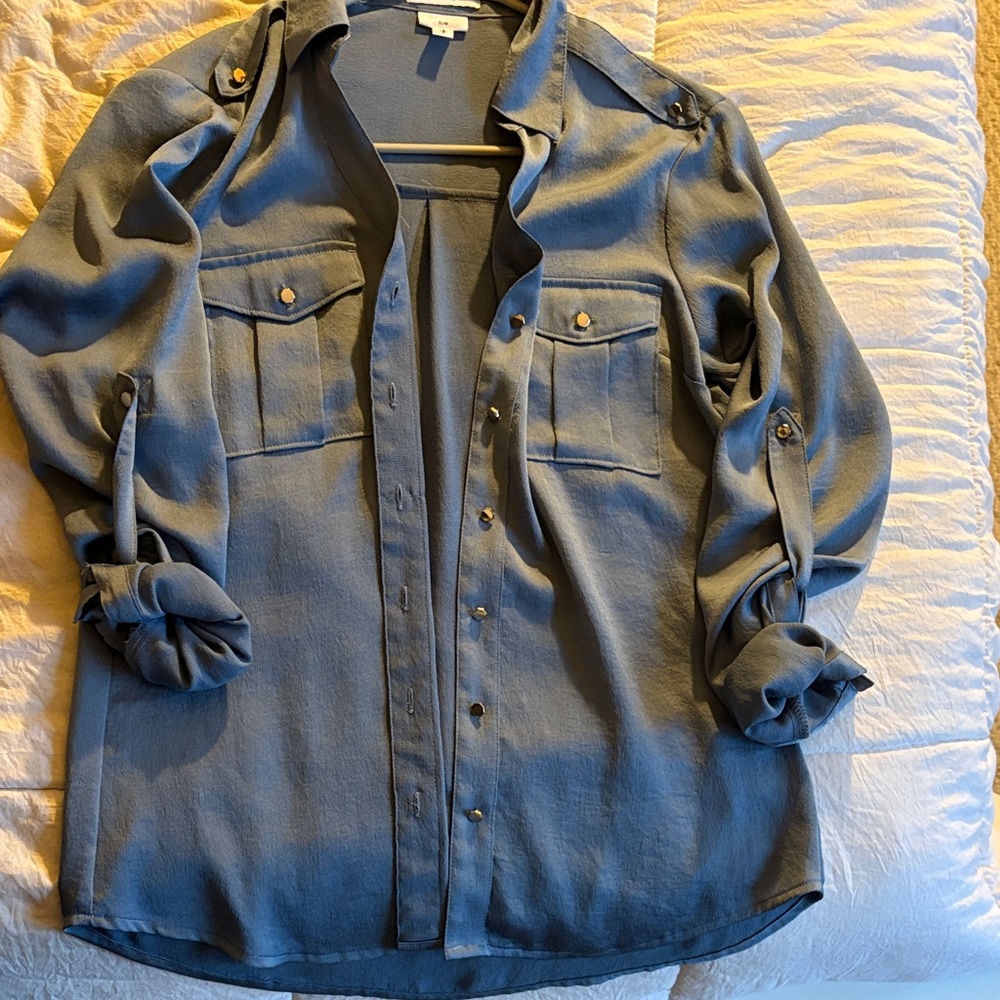 Women’s Satin Blue Button-Up Blouse